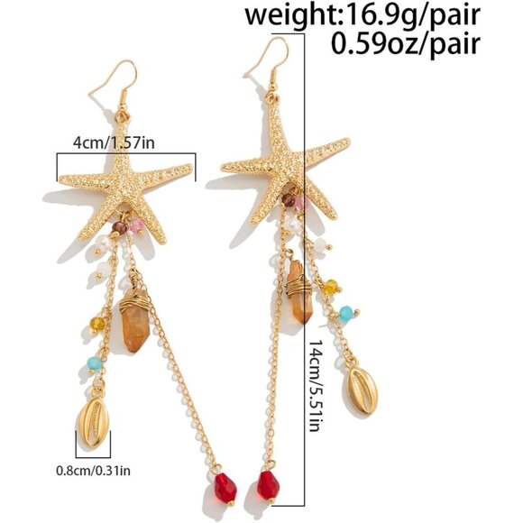 Gold Starfish Tassel Drop Earrings for Women Beach Jewelry Fashion Gift - Picture 4 of 7